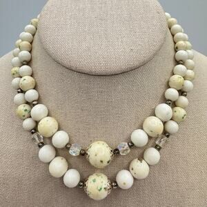Vintage Japan Double Strand Necklace White Green Speckles Grannycore Signed